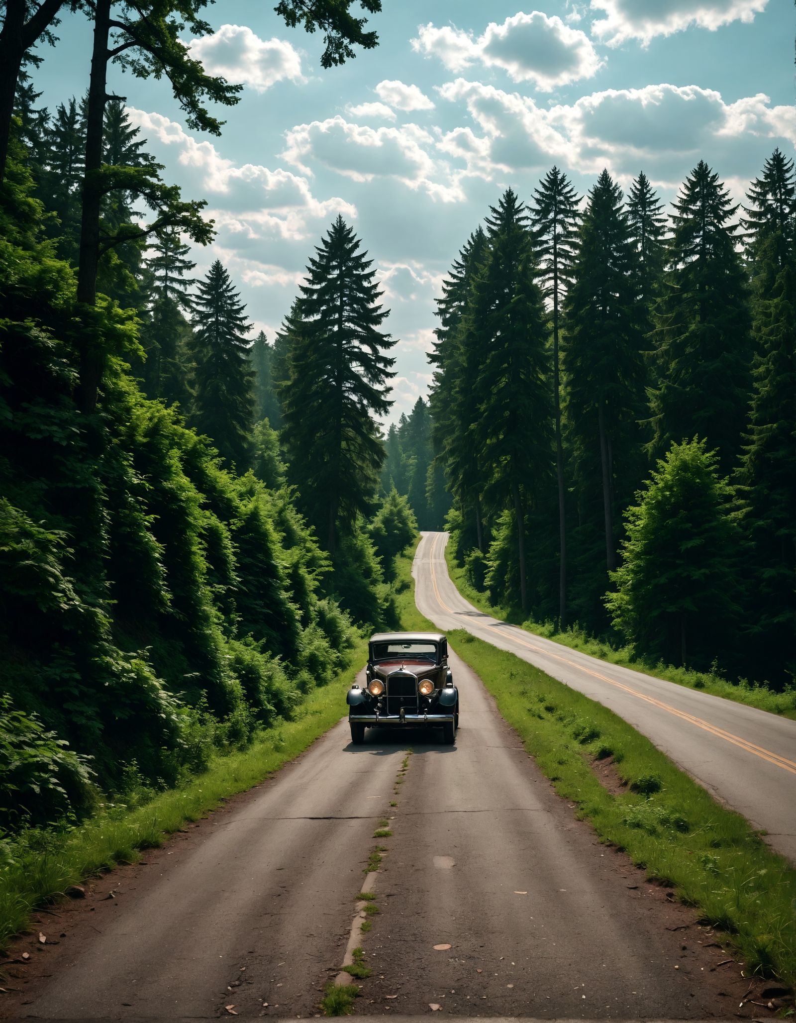 Antique Car on Forest Road: Hyperrealistic Cinematic Image