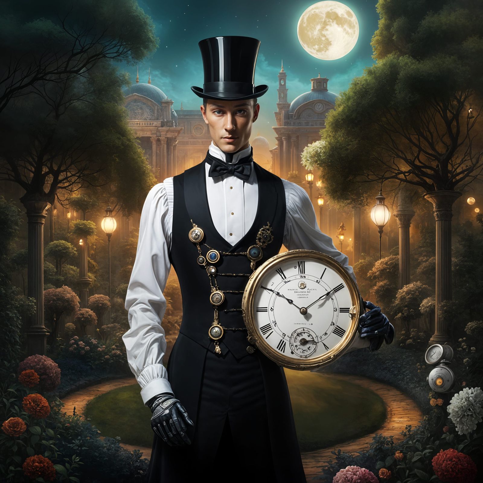 Steampunk Robot Butler in Surreal Garden
