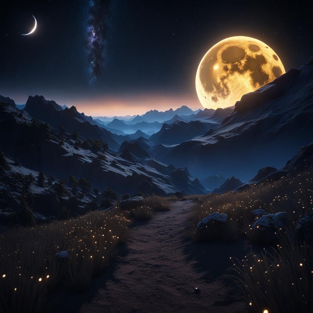 Realistic Crescent Moon and Stars in Night Sky