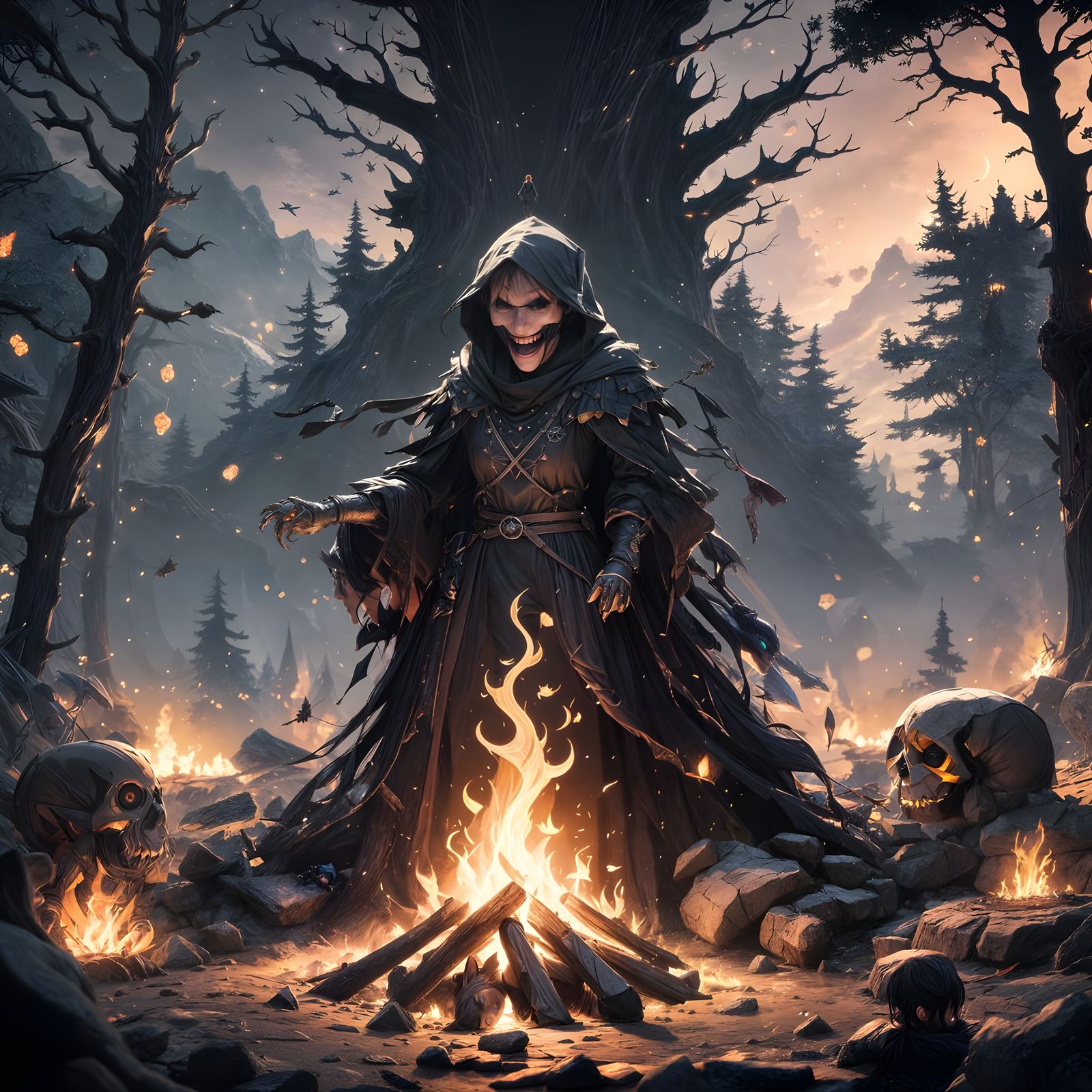 Hexe Babajaga Dances by Lagerfeuer in Cyberpunk Anime Style