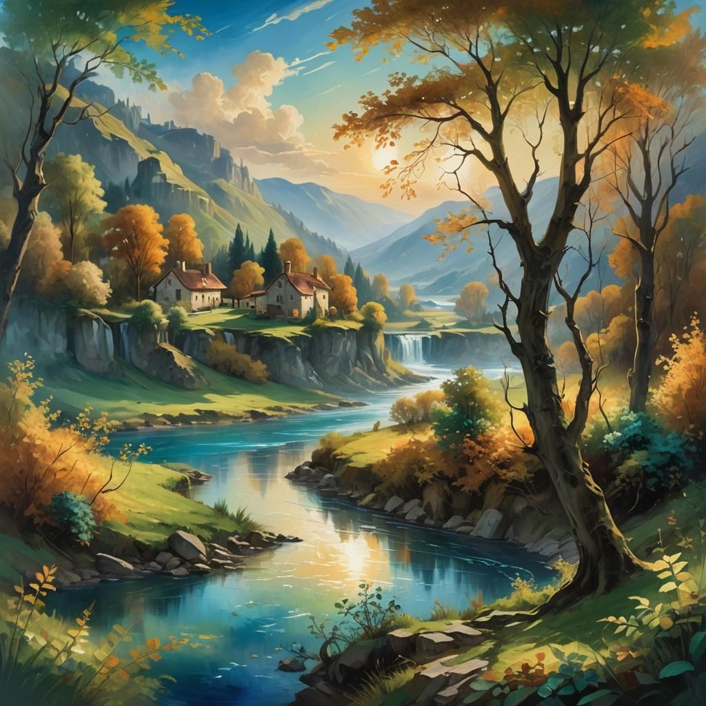 Valley River House in Fantasy Oil Painting Style
