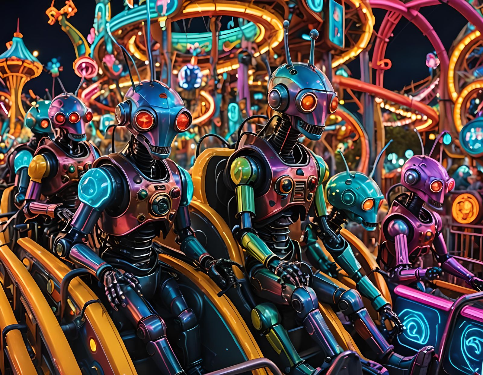 Surreal Robots at a Neon Theme Park