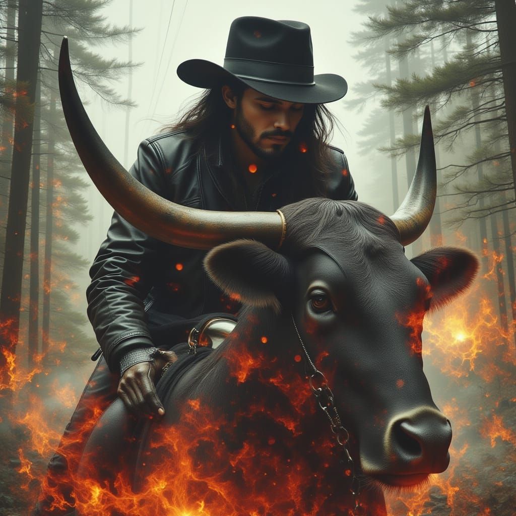 Man in Leather Jacket Rides Mechanical Bull Amid Kaleidoscop...