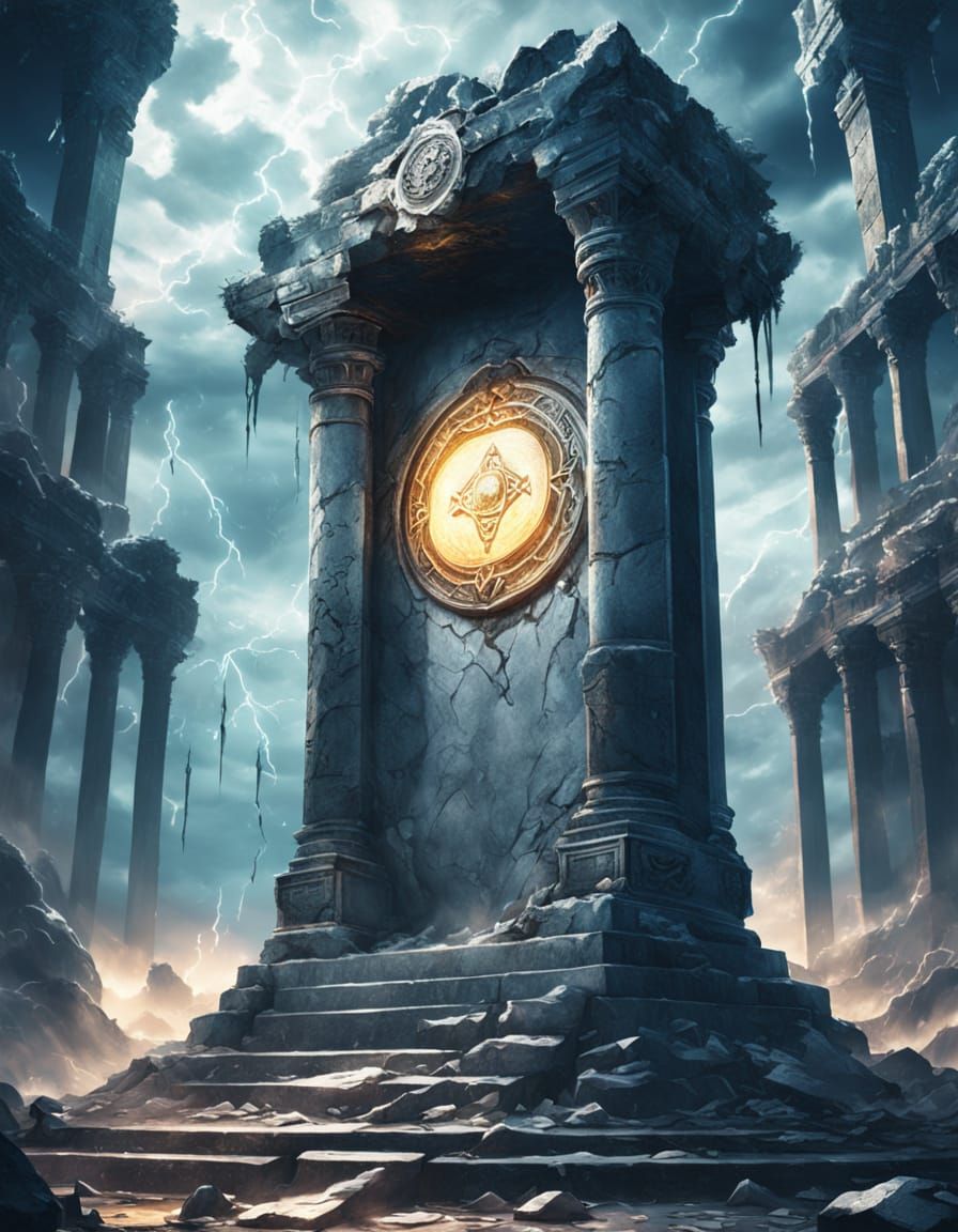 Glowing Medallion in Ruined Temple: Epic Fantasy Art