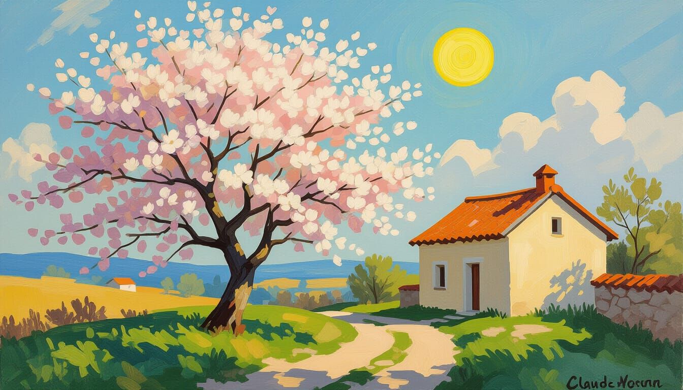 Cherry Tree Landscape Inspired by Impressionist Oil Painting...