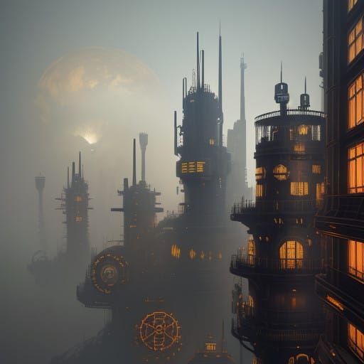 Steampunk Cityscape in Gritty Futuristic Landscape