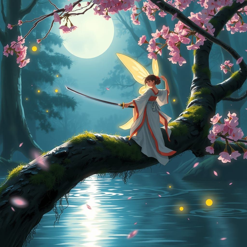 Japanese Fairy with Katana in Spring Forest