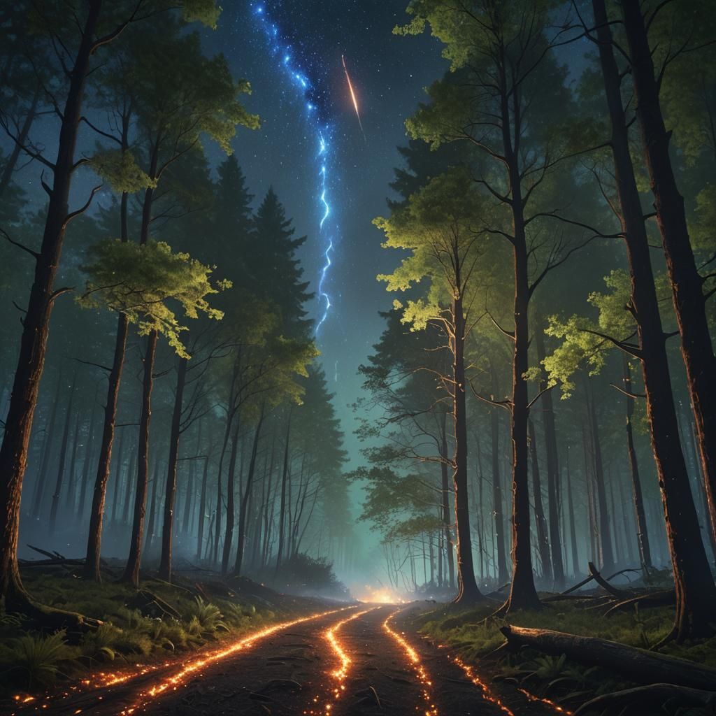 Shooting Star Streaks Across Forest Night Sky