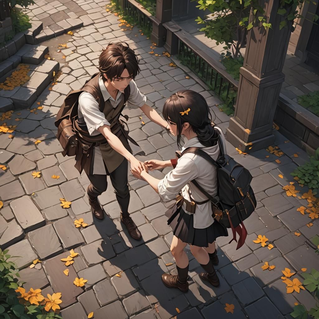 Anime Style: Young Man Helping Fallen Woman