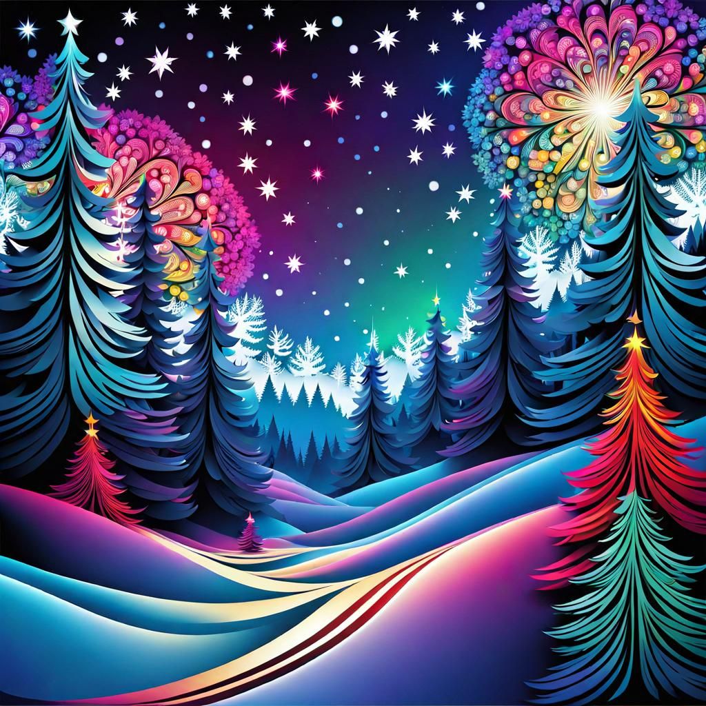 Winter Forest Scene with Abstract Fractal Stars