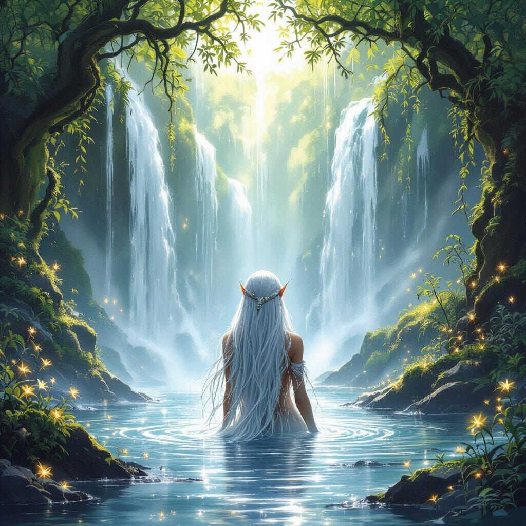 Elf Bathing Under Waterfall in Mystical Forest