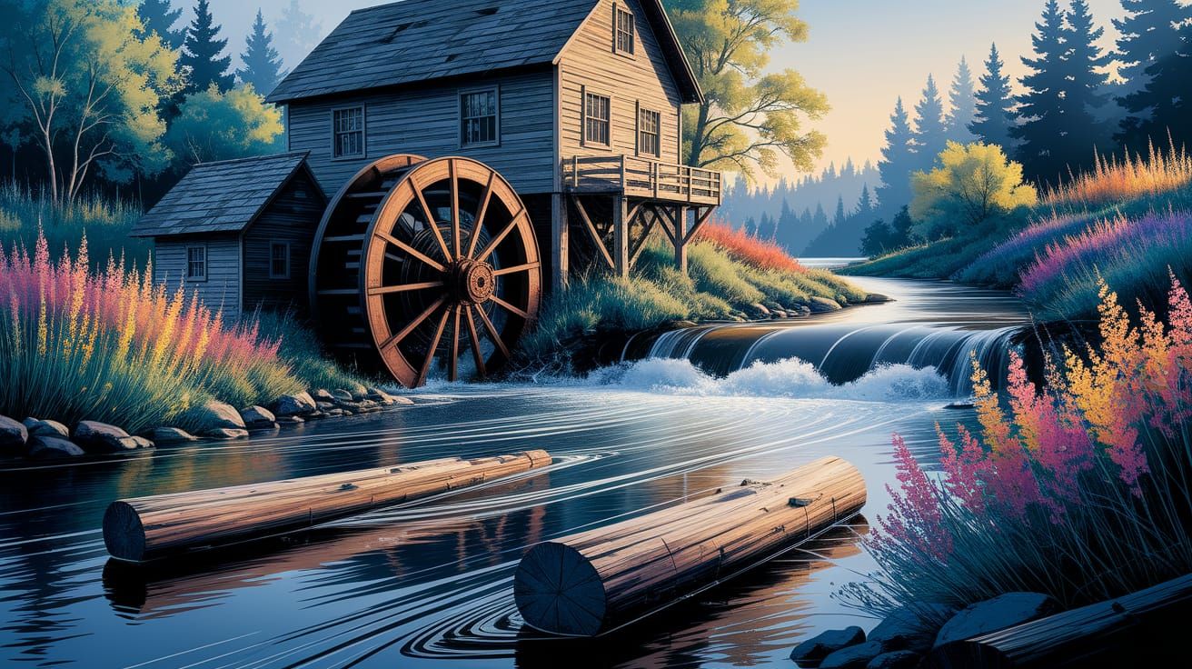Vintage River Lumbermill Scene with Vibrant Flowers and Wate...
