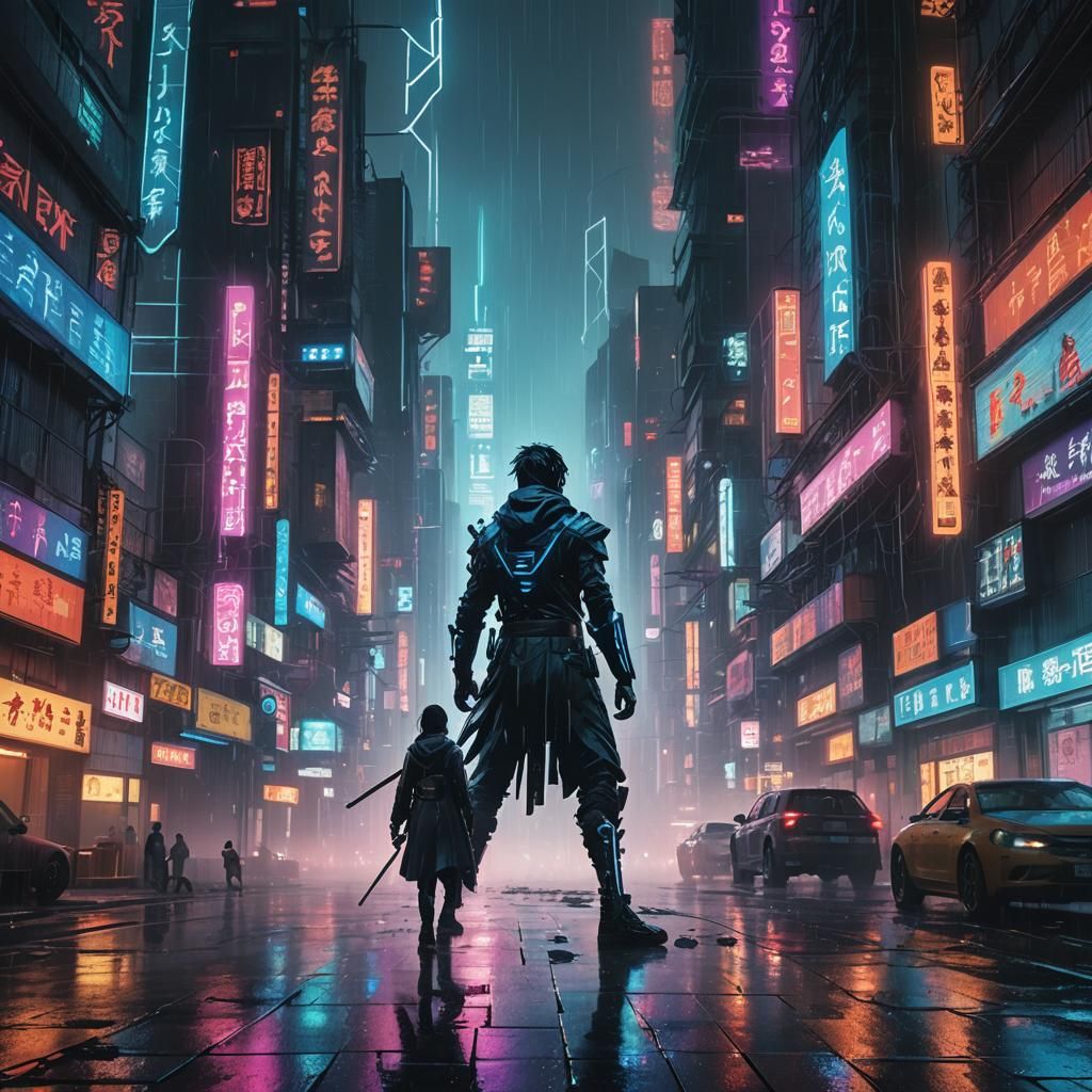 Cyberpunk Swordsman in Neon Cityscape