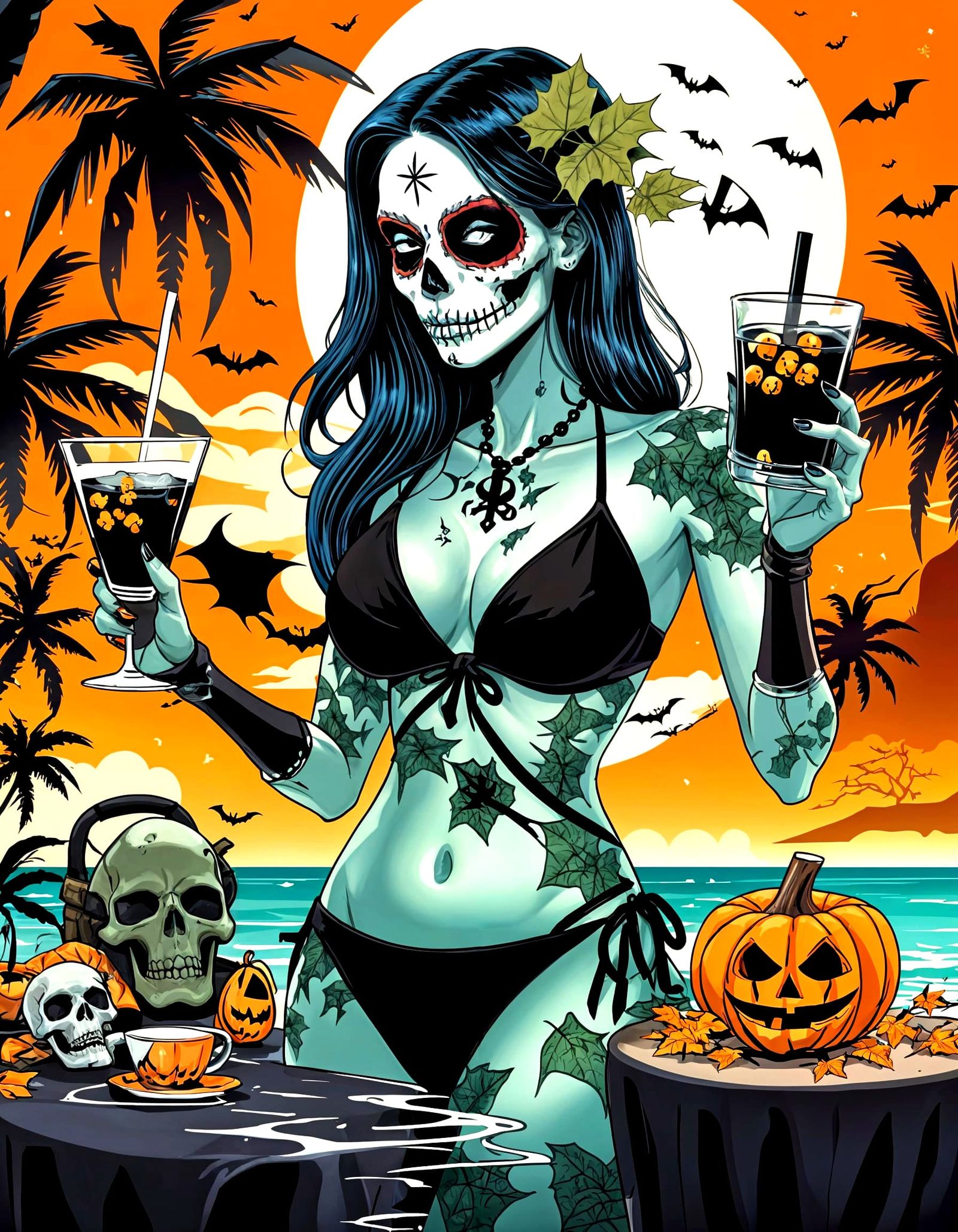 Death on Vacation in Bikini with Skulls and Poison Ivy Drink