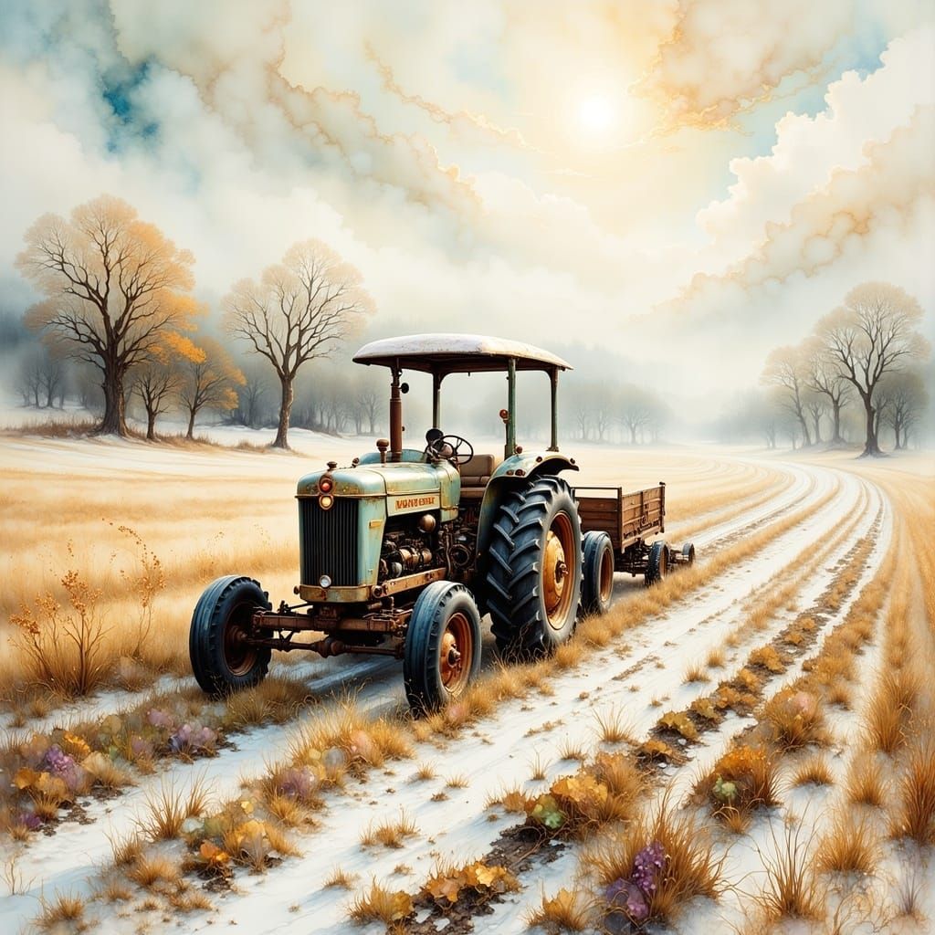 Tractor in Snowy Field: Impressionistic Watercolor