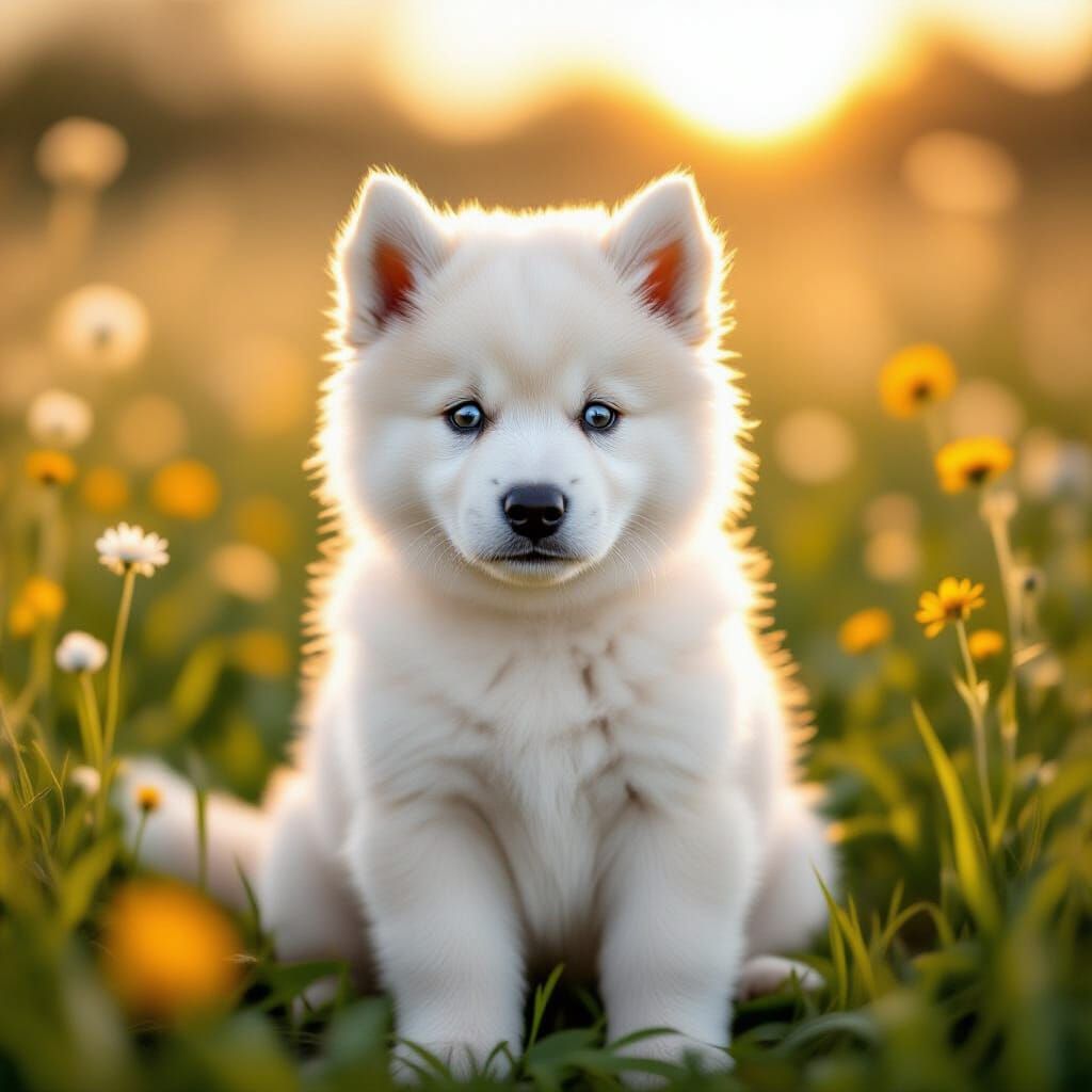 Adorable Husky Chow Chow Mix Puppy in Wildflower Field