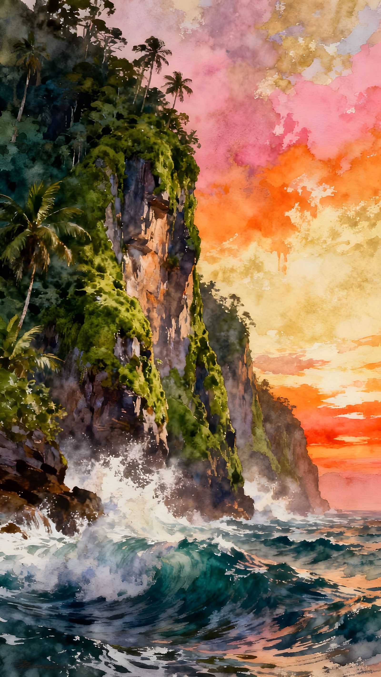 Sunrise Over Tropical Cliffs in Expressive Watercolor Style