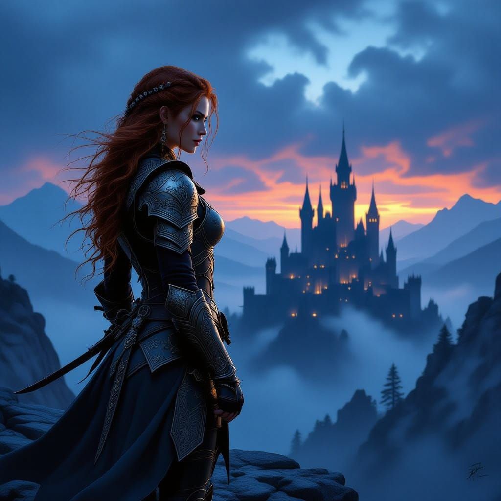 Elegant Warrior Overlooks Dark Castle at Dusk