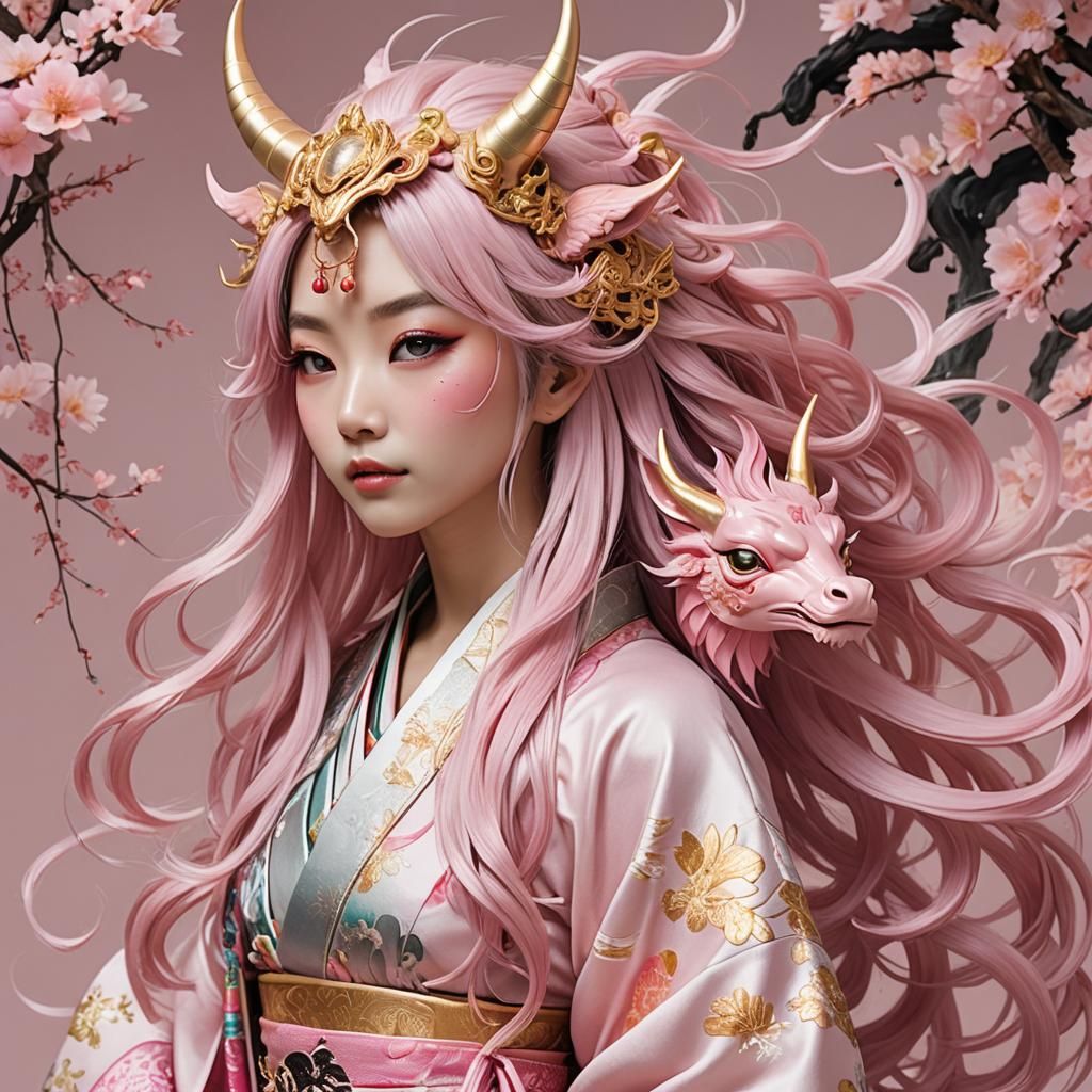 Magical Japanese Woman Portrait with Qilin Eye-Mask