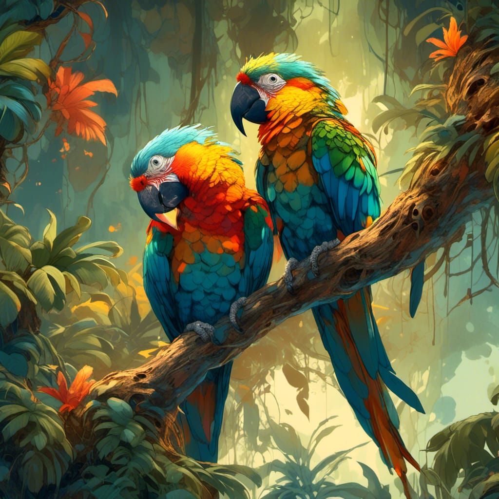 Colorful Parrots in a Lush Jungle Illustration