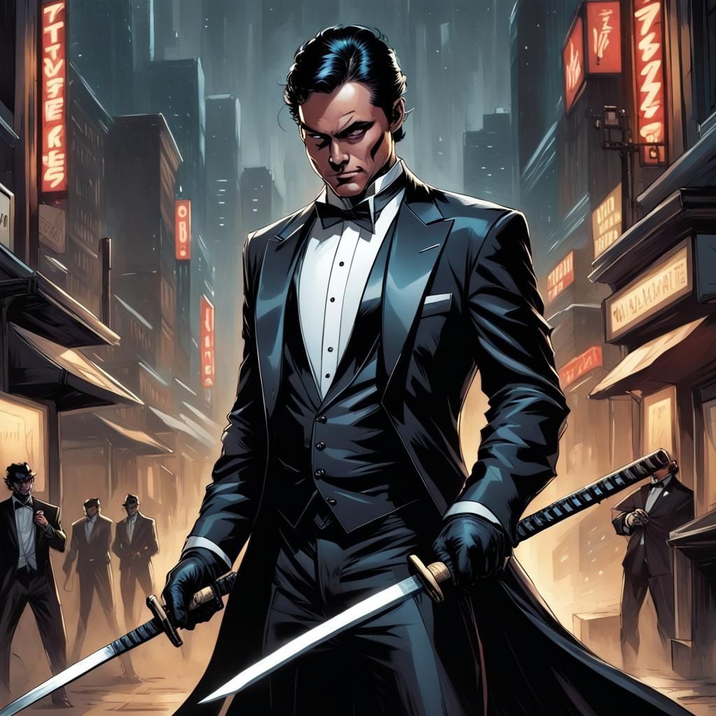 Tuxedo Vigilante with Katanas in Comic Book Art