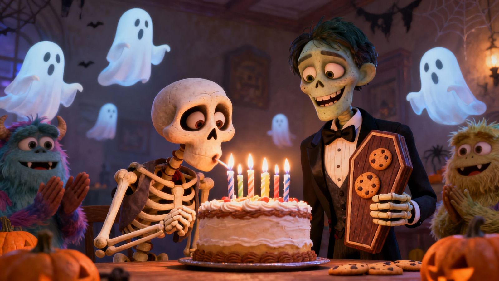 Claymation Halloween Party: Skeleton Blows Out Candles
