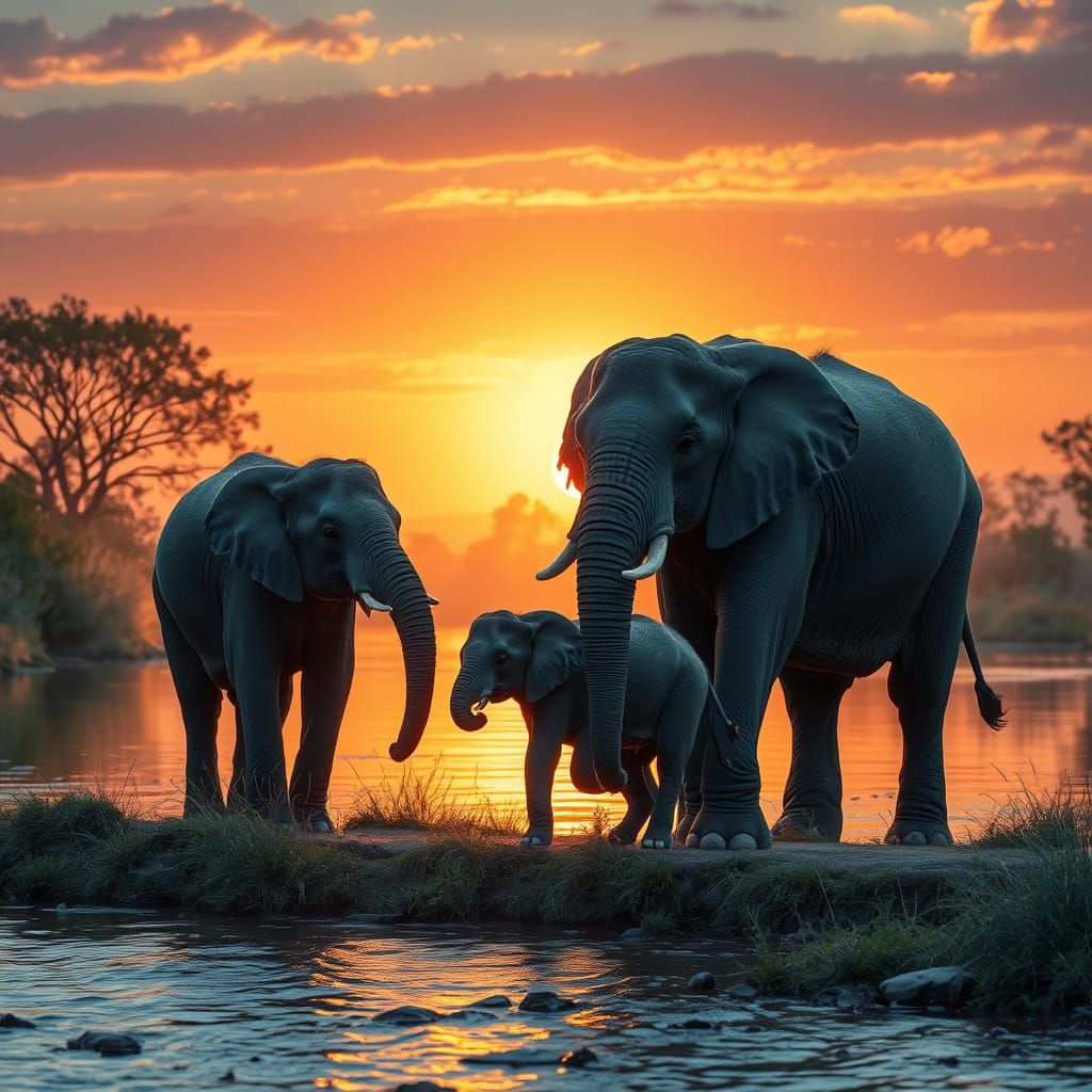 Mother Elephant and Calf Embrace by Sunset Riverbank