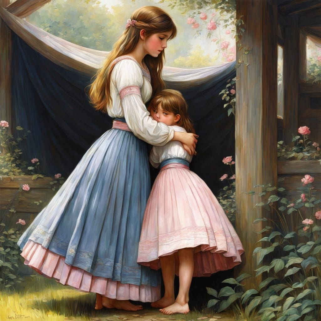 Girl Hiding Behind Mother in Waterhouse Anime Style
