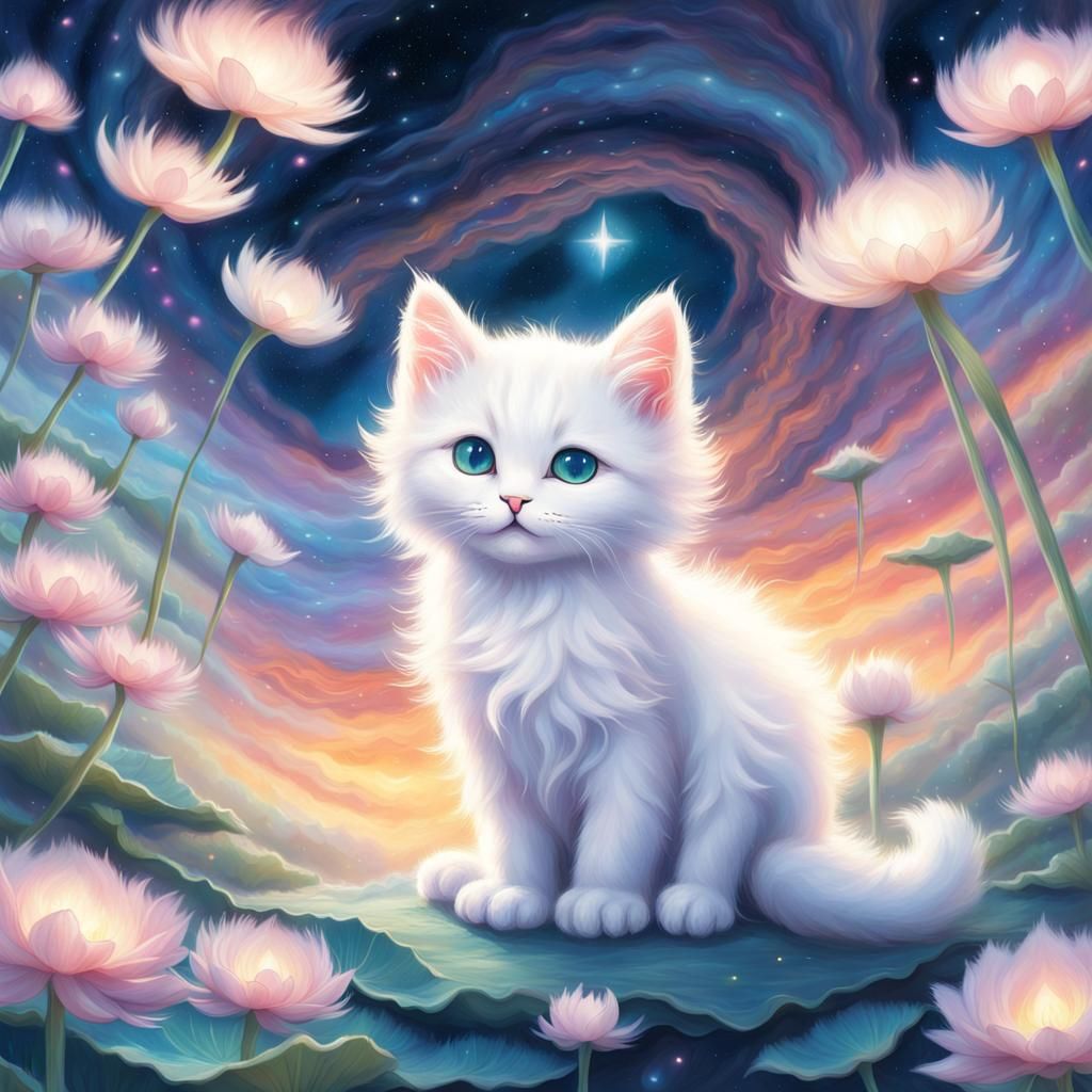 Iridescent Cat in Dreamlike Celestial Realm, Ghibli Style