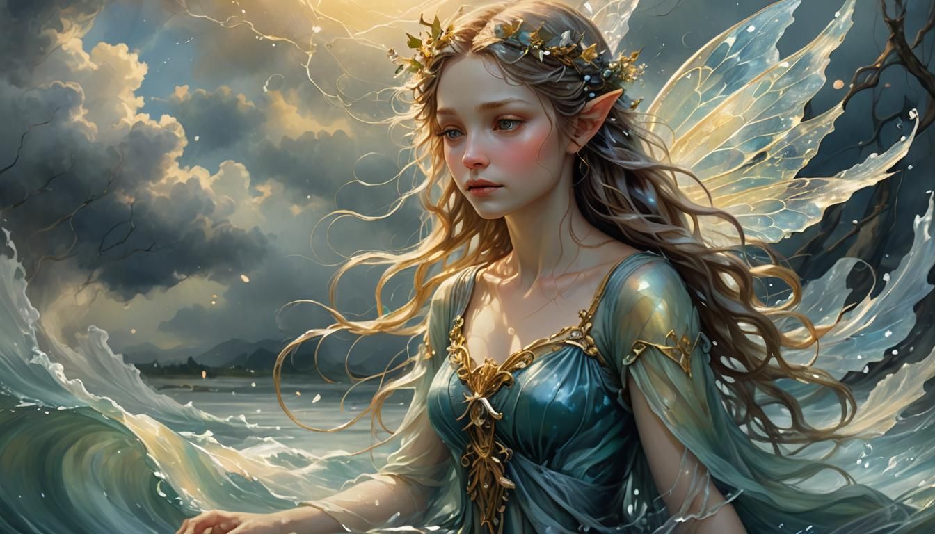 Ethereal Fairy in Stormy Landscape: Digital Painting