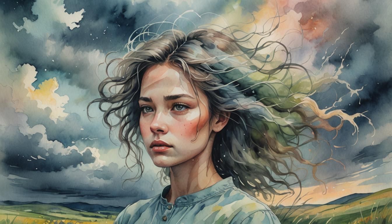Surreal Girl in Stormy Landscape: Watercolor Illustration