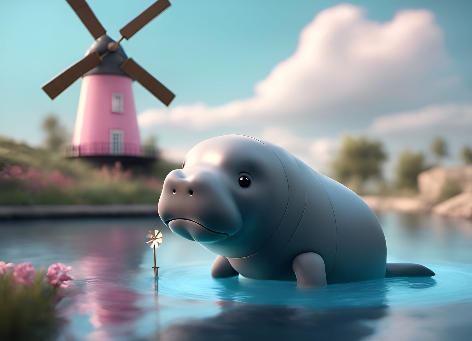 Cute Manatee Character Blows Windmill, CGI Design