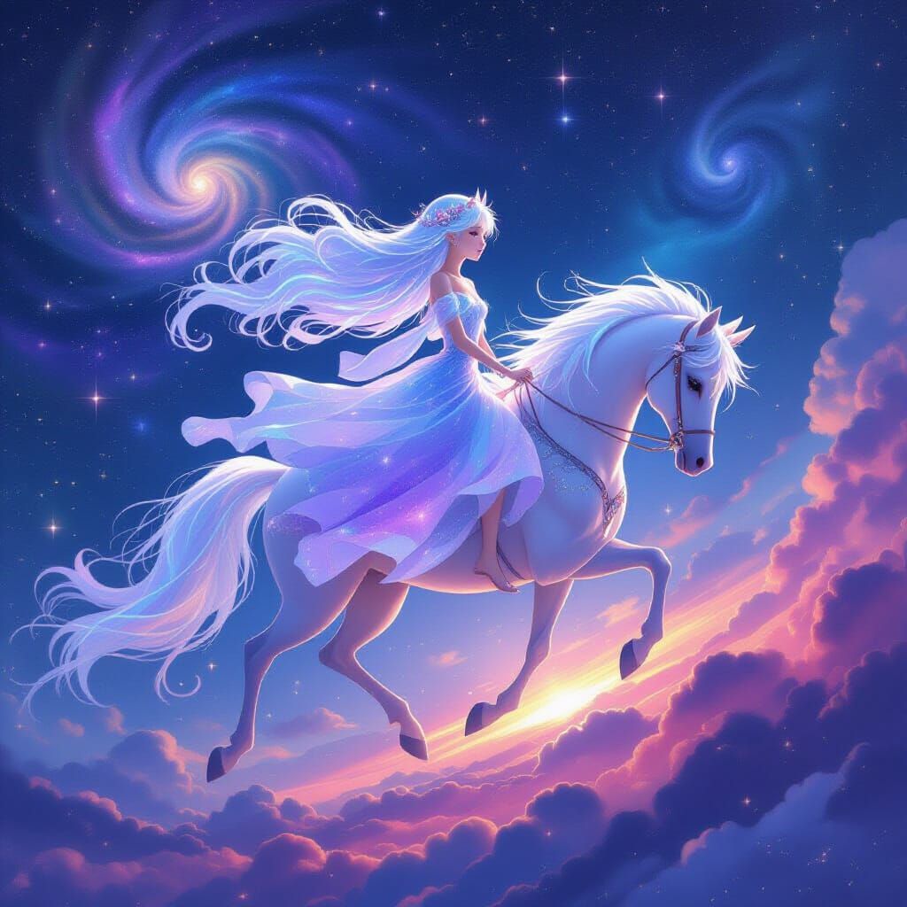 Ethereal Girl Rides Celestial Mare Through Nebula Sky