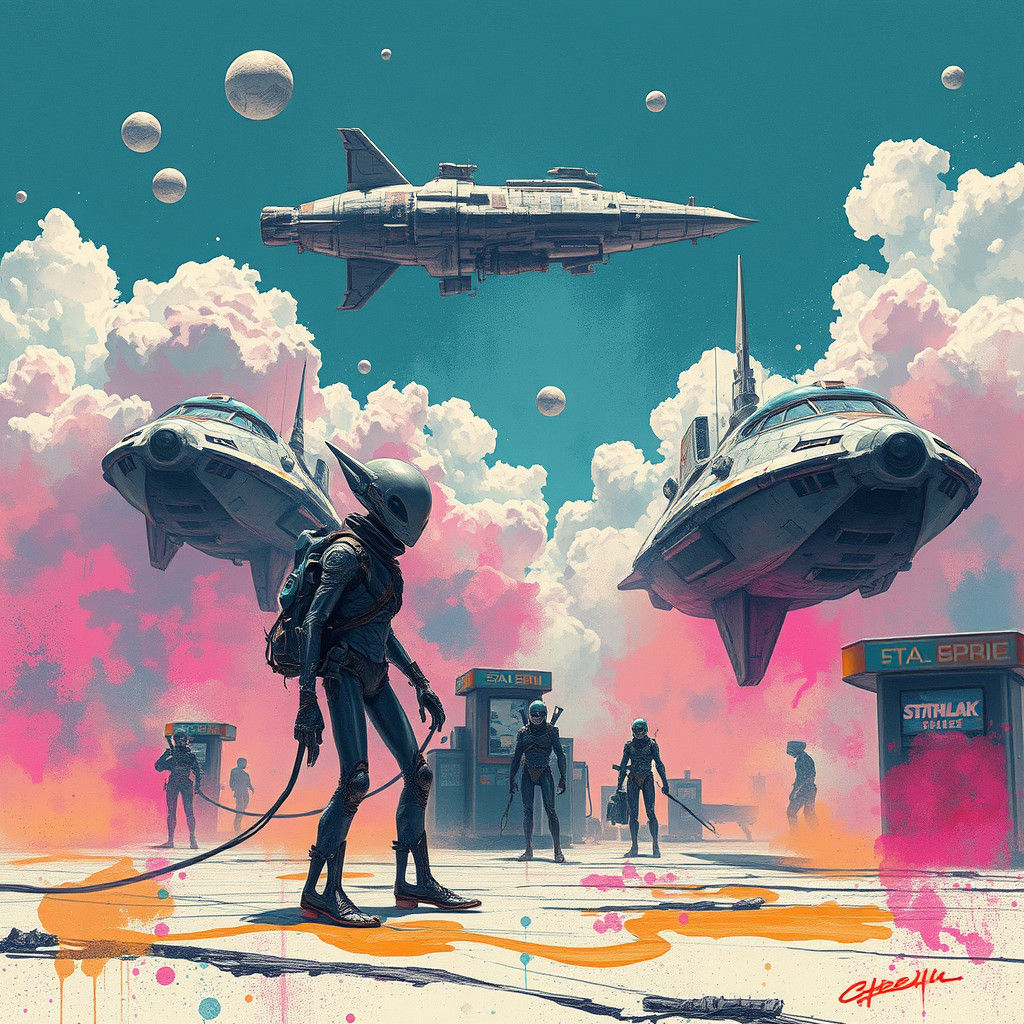 Futuristic Alien Gas Station with Floating Ships