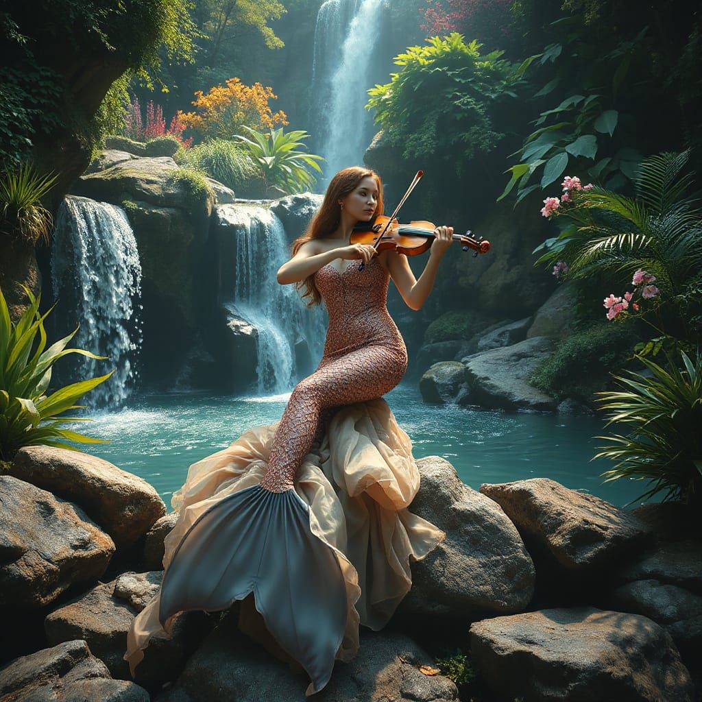 Mermaid's Violin Serenade at the Waterfall