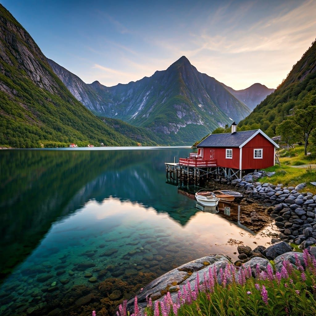 Rorbu Style Norwegian Lake House in Evening Serenity