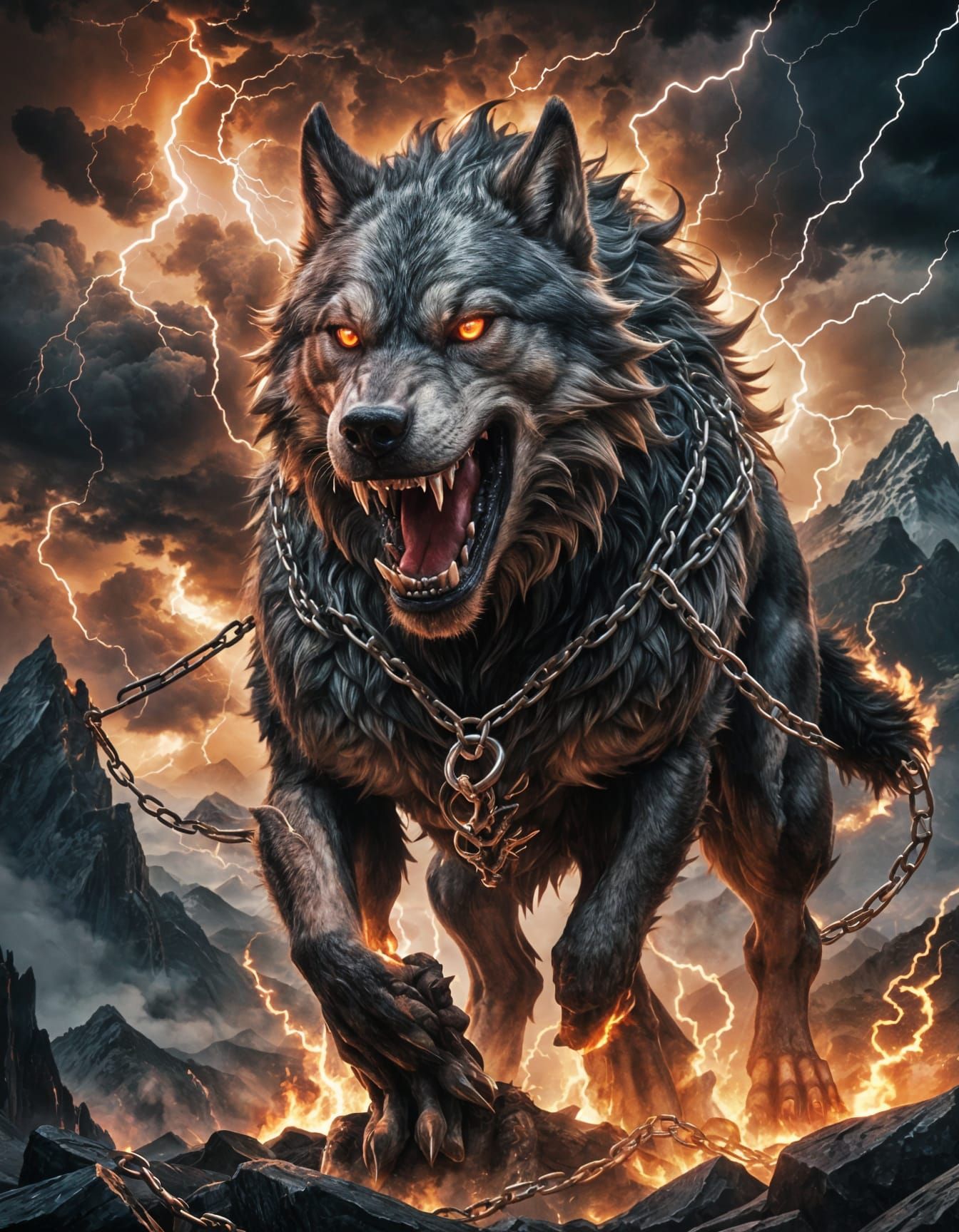 Giant Wolf Fenrir Rises in Apocalyptic Landscape