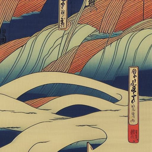Abstract Landscape in Ukiyo-e Style with Contrasting Colors