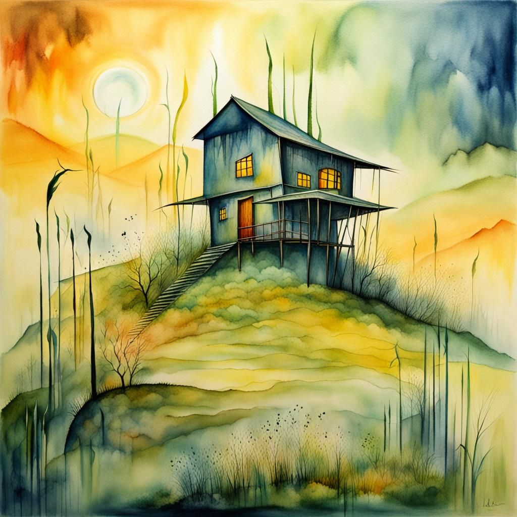 Surreal Prairie Dreamscape in Watercolor Style