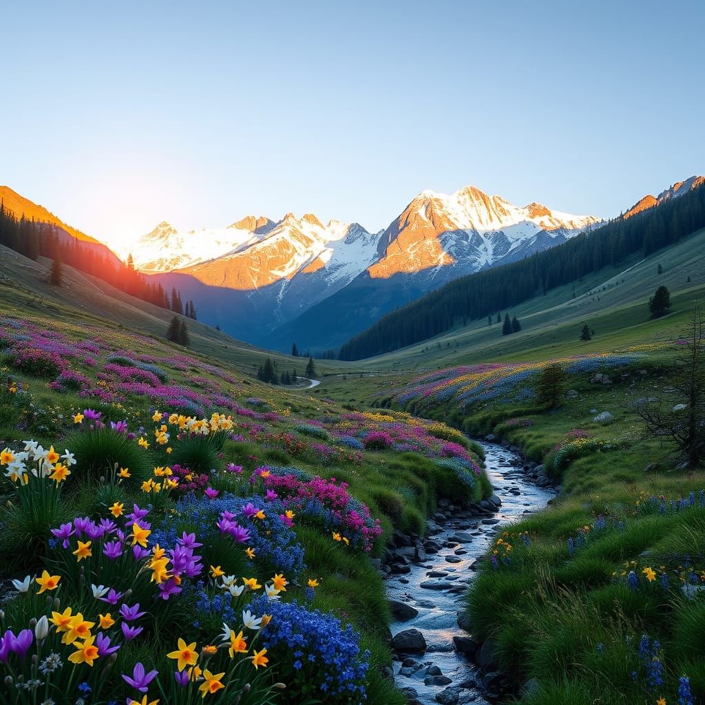 Serene Mountain Valley in Vibrant Spring Bloom