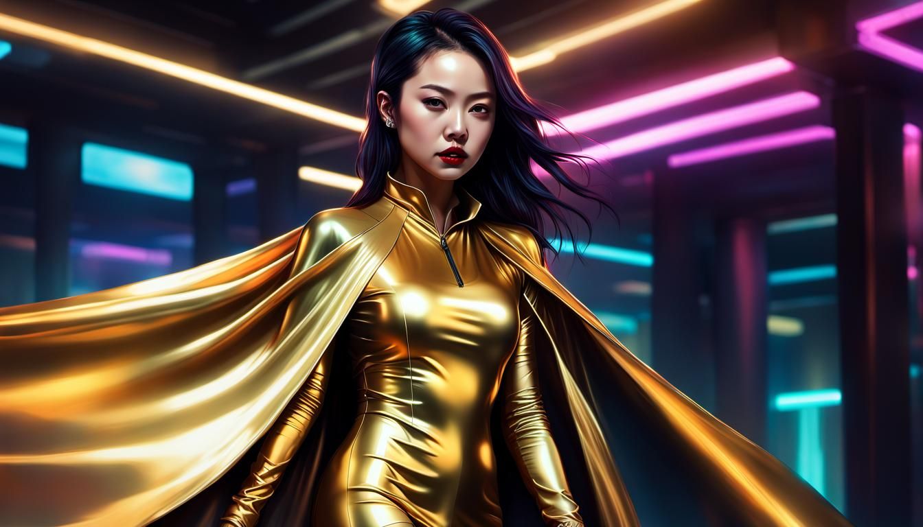Cyberpunk Portrait of Woman in Metallic Gold Dress