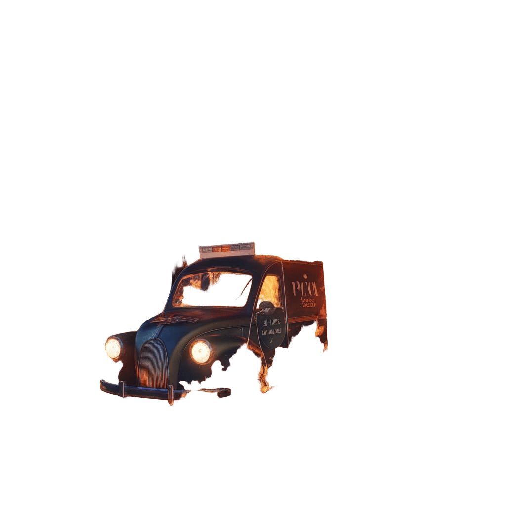 Burning Pizza Car Delivery in Fantasy Landscape