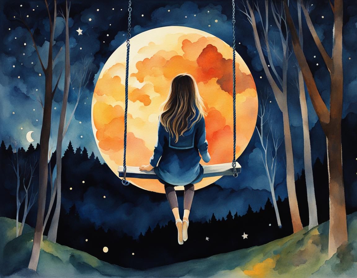 Girl on Moon Swing: Geometric Watercolor Cartoon