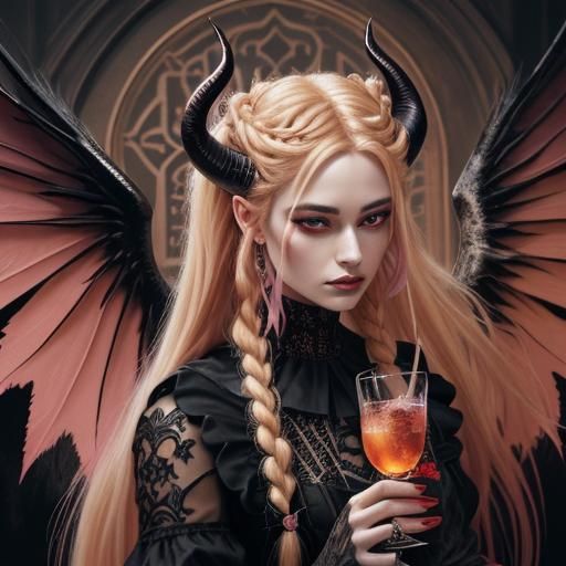 Gorgeous demon
Long blonde braids
Devil horns wings
Beautiful pink and black clothing
Drinking vodka