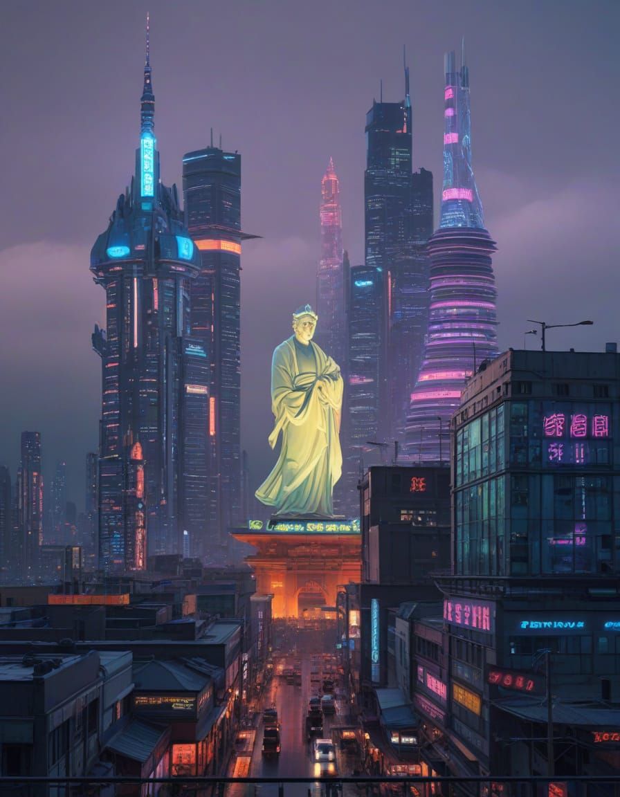 Cyberpunk Cityscape at Night with Neon Lights and Flying Car...