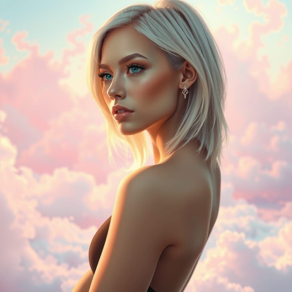 Woman in Pantyhose on Clouds: Hyperrealistic Concept Art
