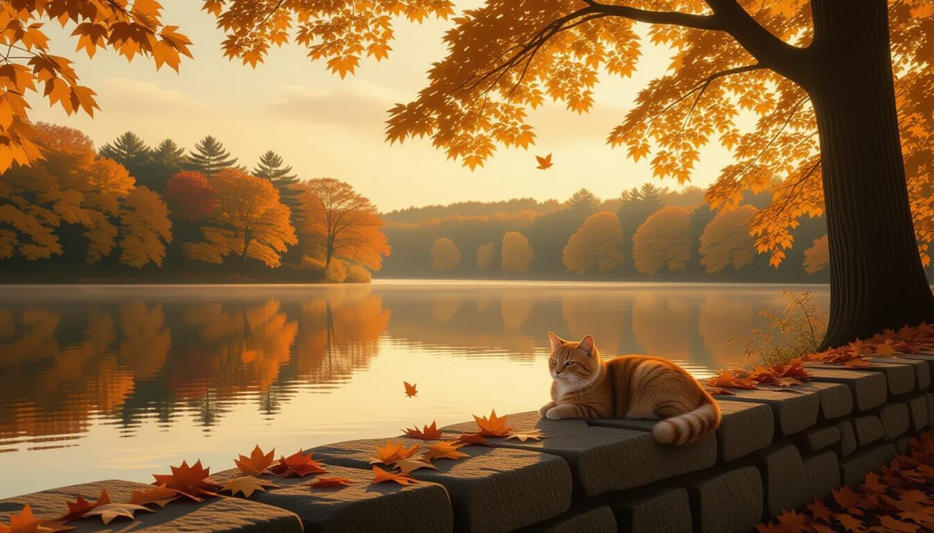 Golden Hour Autumn Landscape with Cat by Tranquil Lake