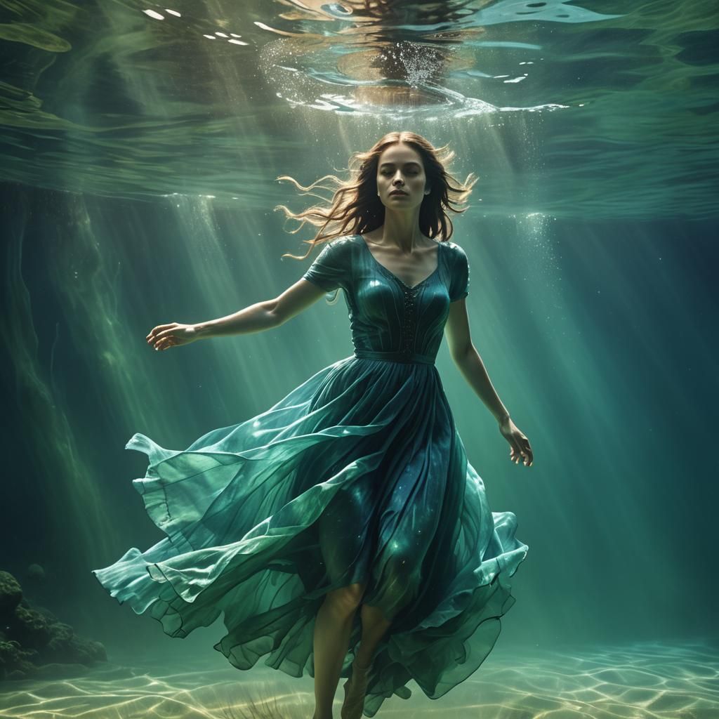 Underwater Girl in Flowing Dress, Cinematic Matte Painting