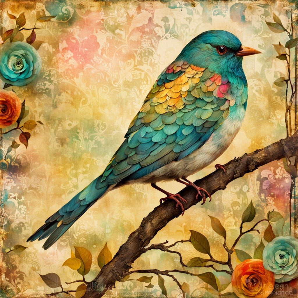 Fantasy Bird Perched on Branch Folk Art Collage