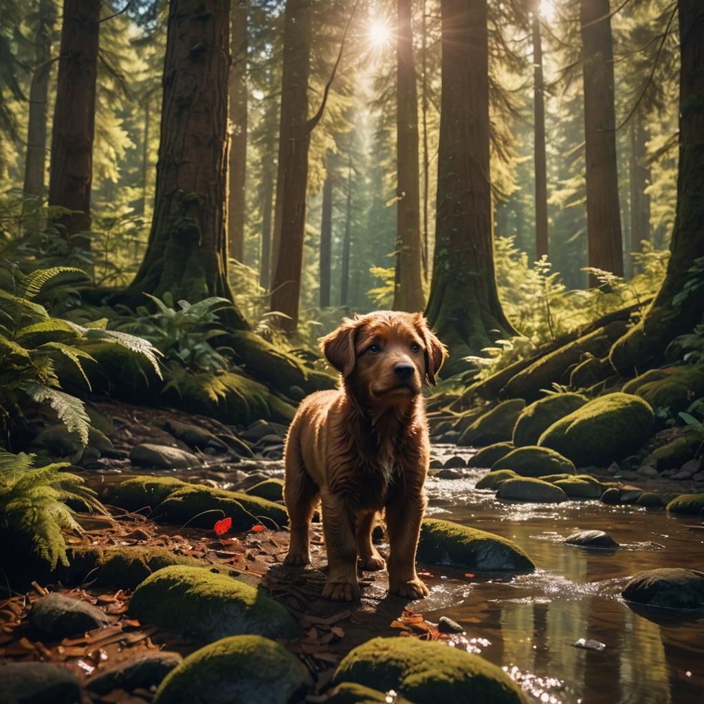 Puppy and Red Bear Encounter in Lush Forest